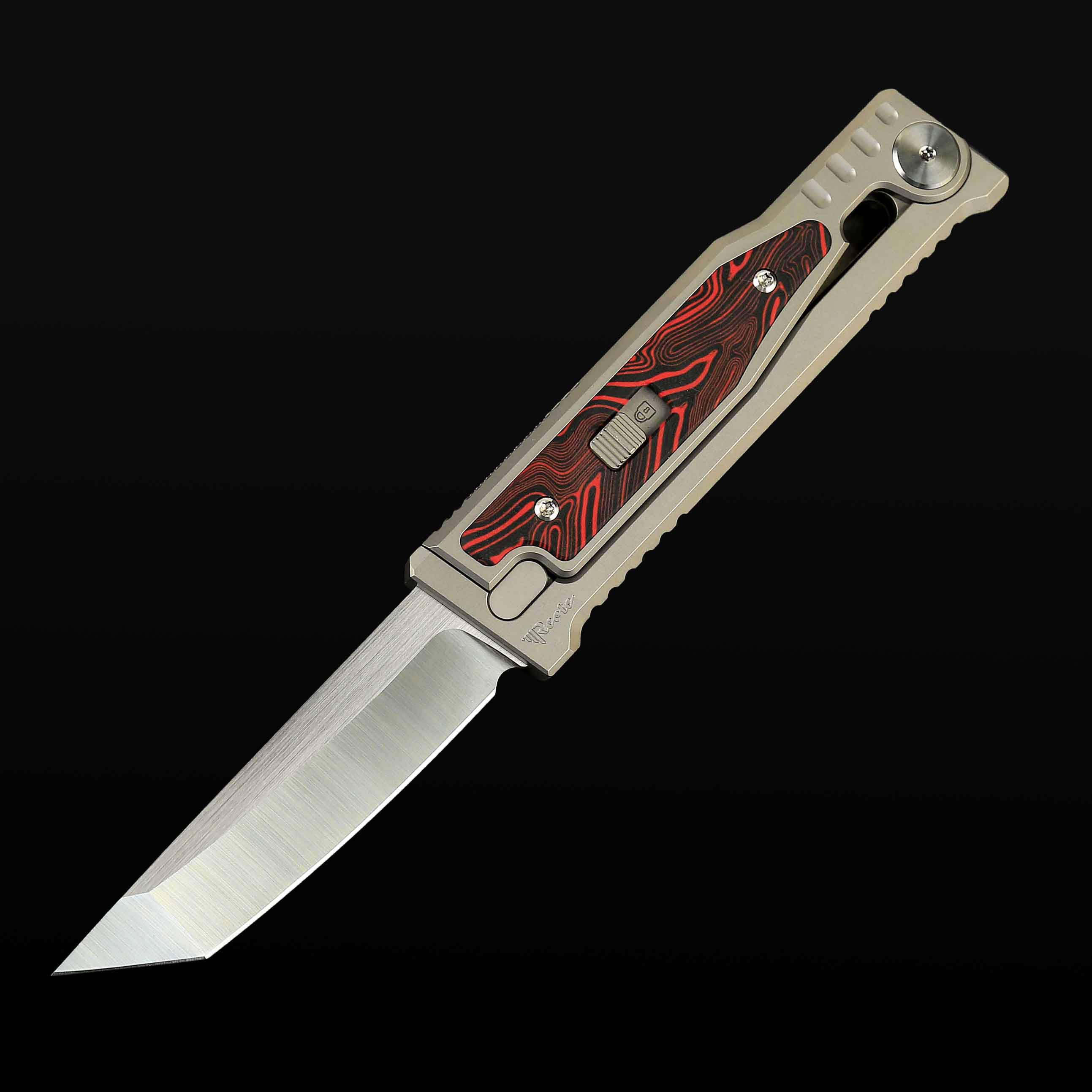 EXO-M Titanium bead blast handle G10 Damascus pattern-- Red/Black inlay - All satin-Tanto