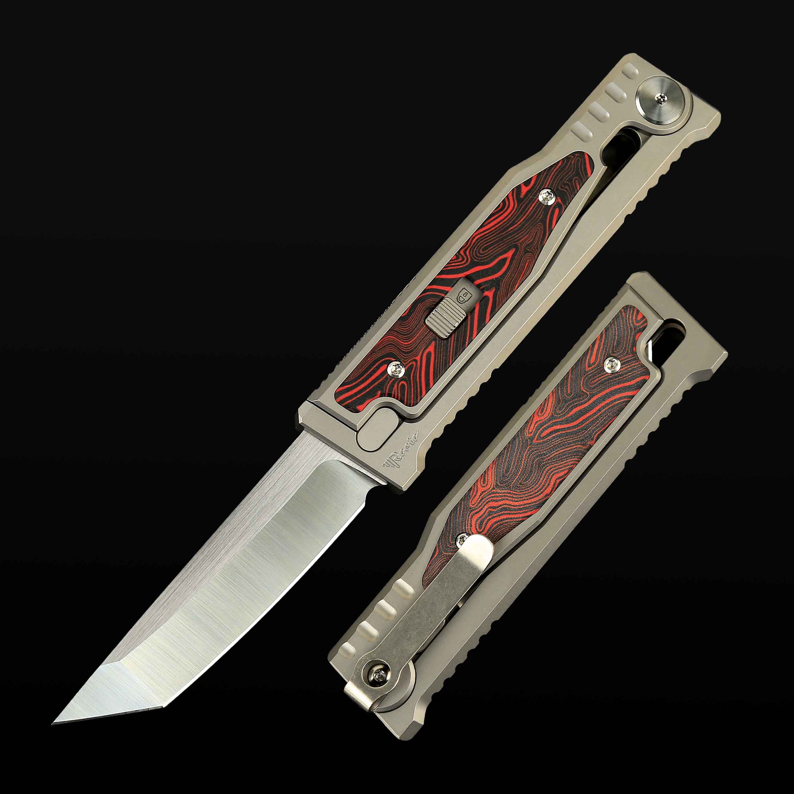 EXO-M Titanium bead blast handle G10 Damascus pattern-- Red/Black inlay - All satin-Tanto
