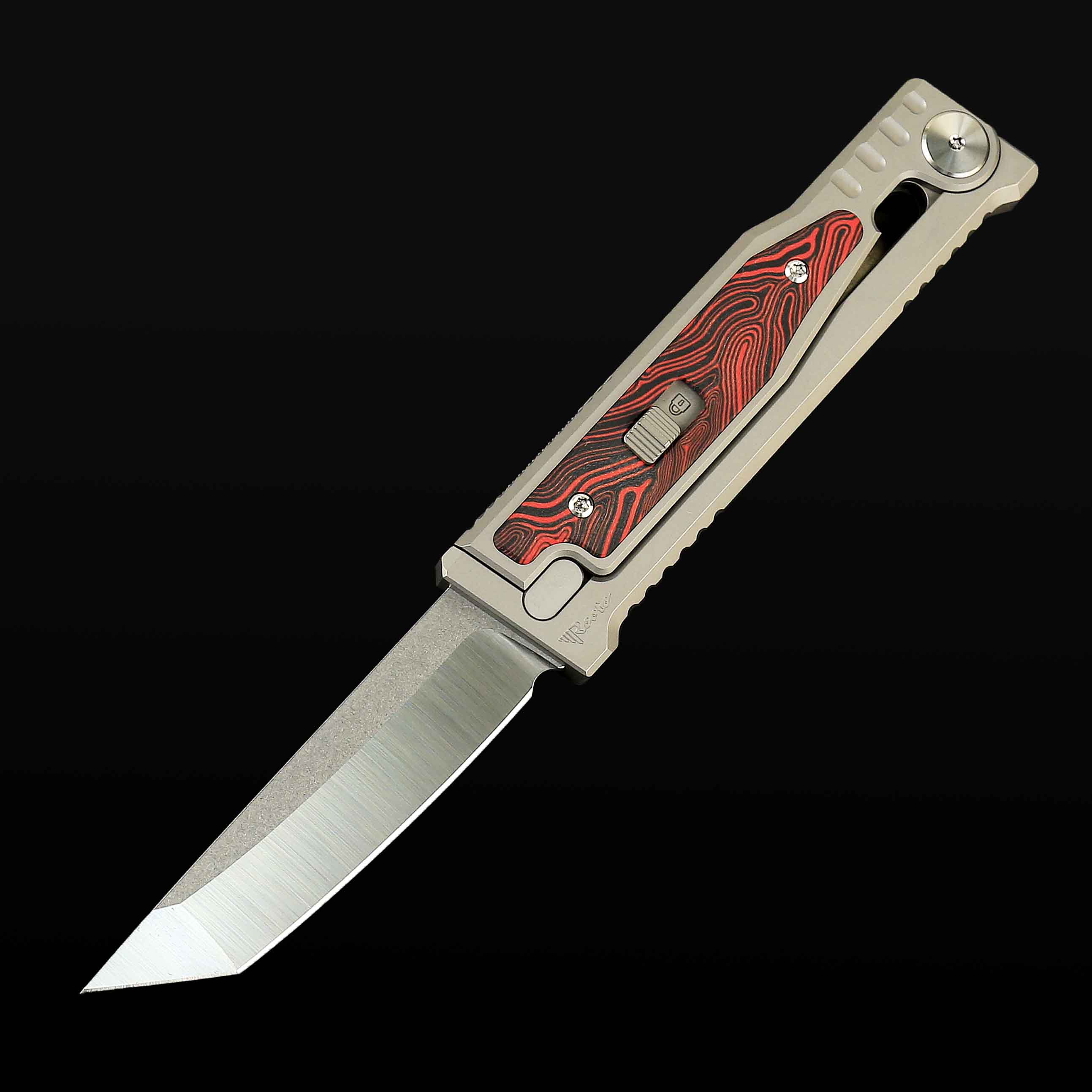 EXO-M Titanium bead blast handle G10 Damascus pattern-- Red/Black inlay - Satin finish- Tanto