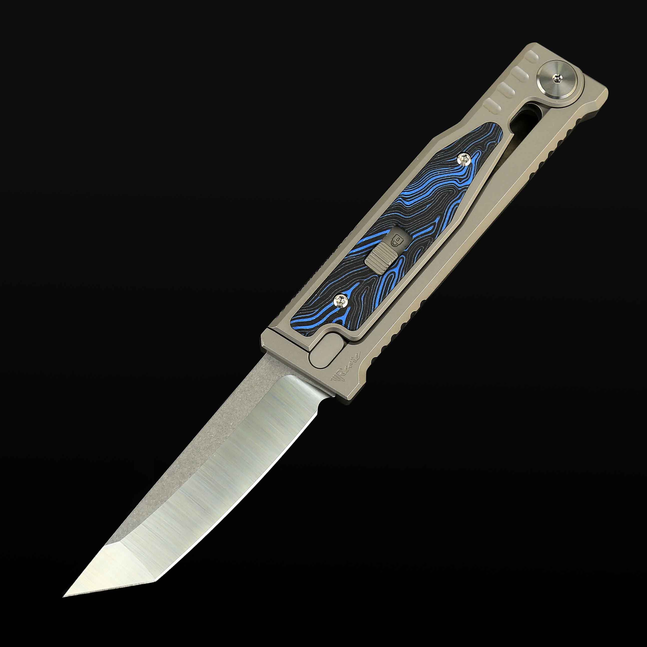 EXO-M Titanium bead blast handle G10 Damascus pattern-- Blue/Black inlay - Satin finish- Tanto
