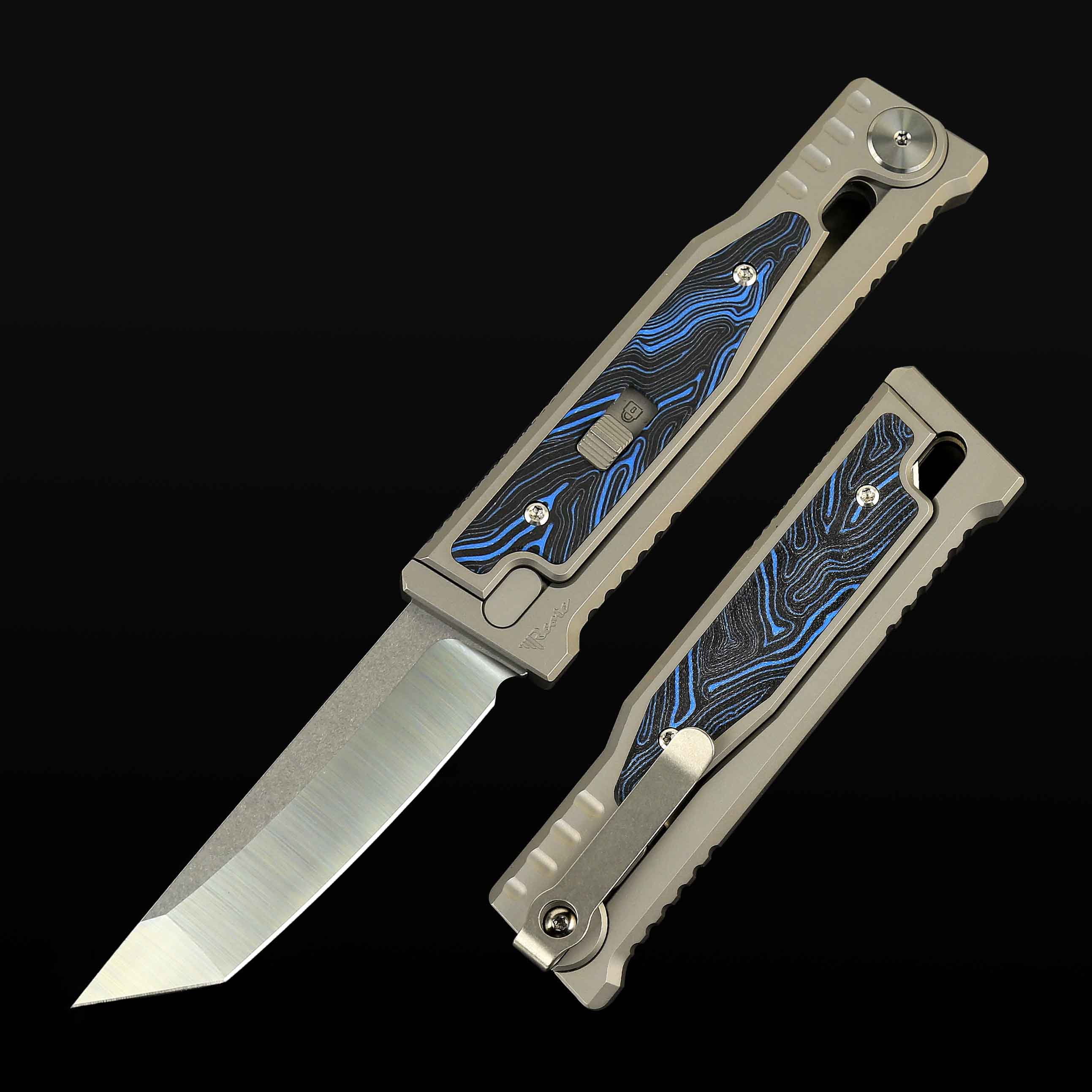 EXO-M Titanium bead blast handle G10 Damascus pattern-- Blue/Black inlay - Satin finish- Tanto