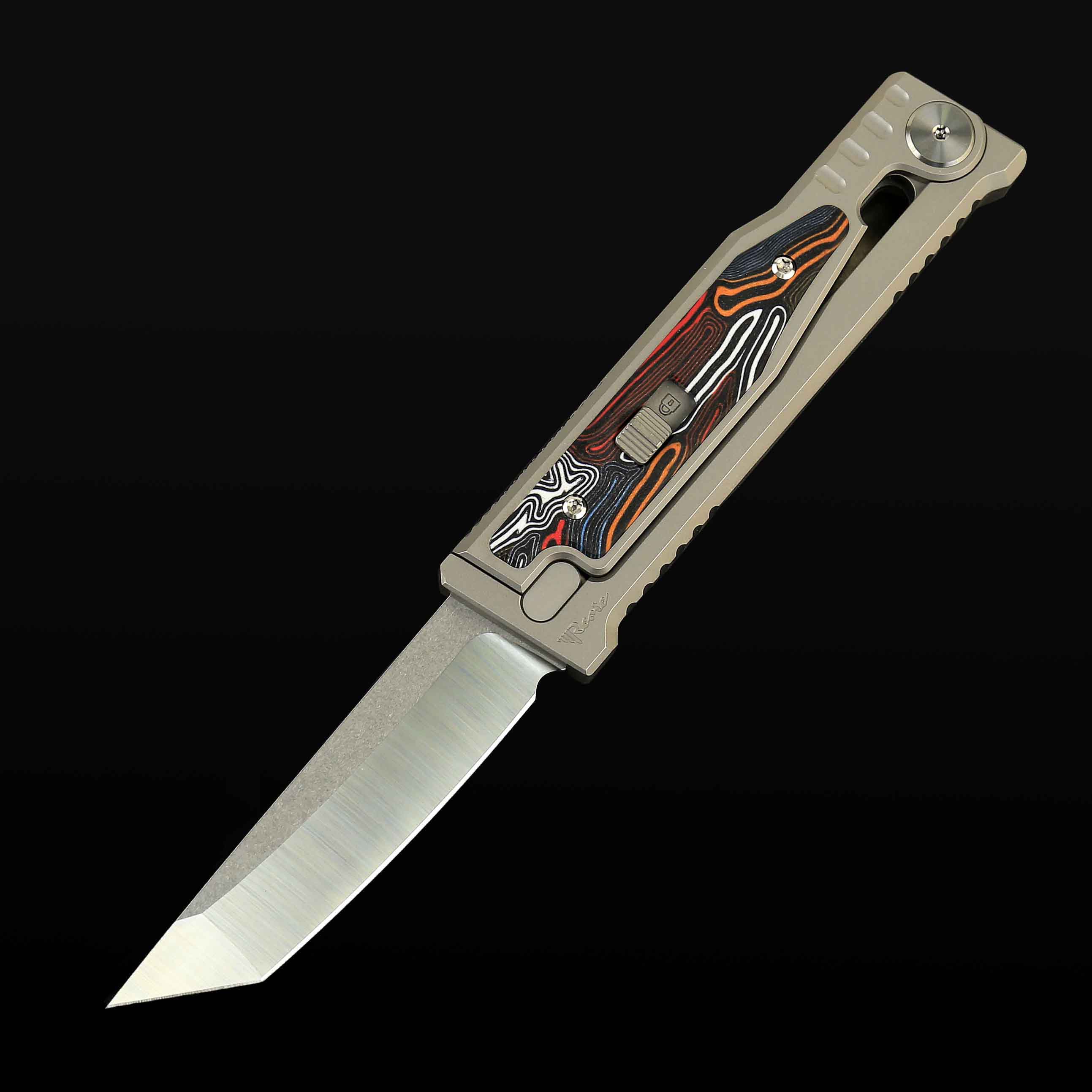 EXO-M Titanium bead blast handle G10 Damascus pattern-- multi color inlay - Satin finish- Tanto