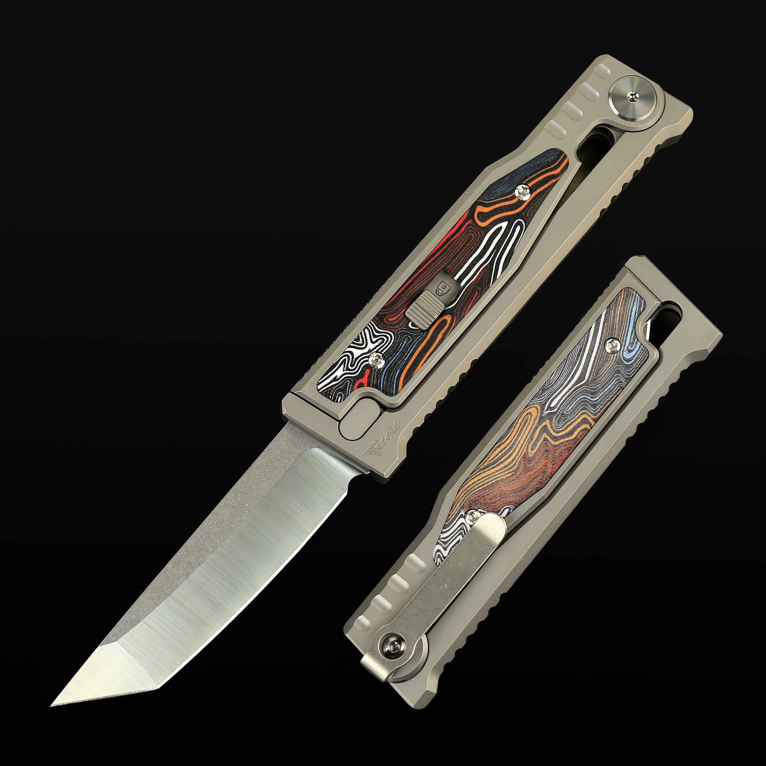EXO-M Titanium bead blast handle G10 Damascus pattern-- multi color inlay - Satin finish- Tanto