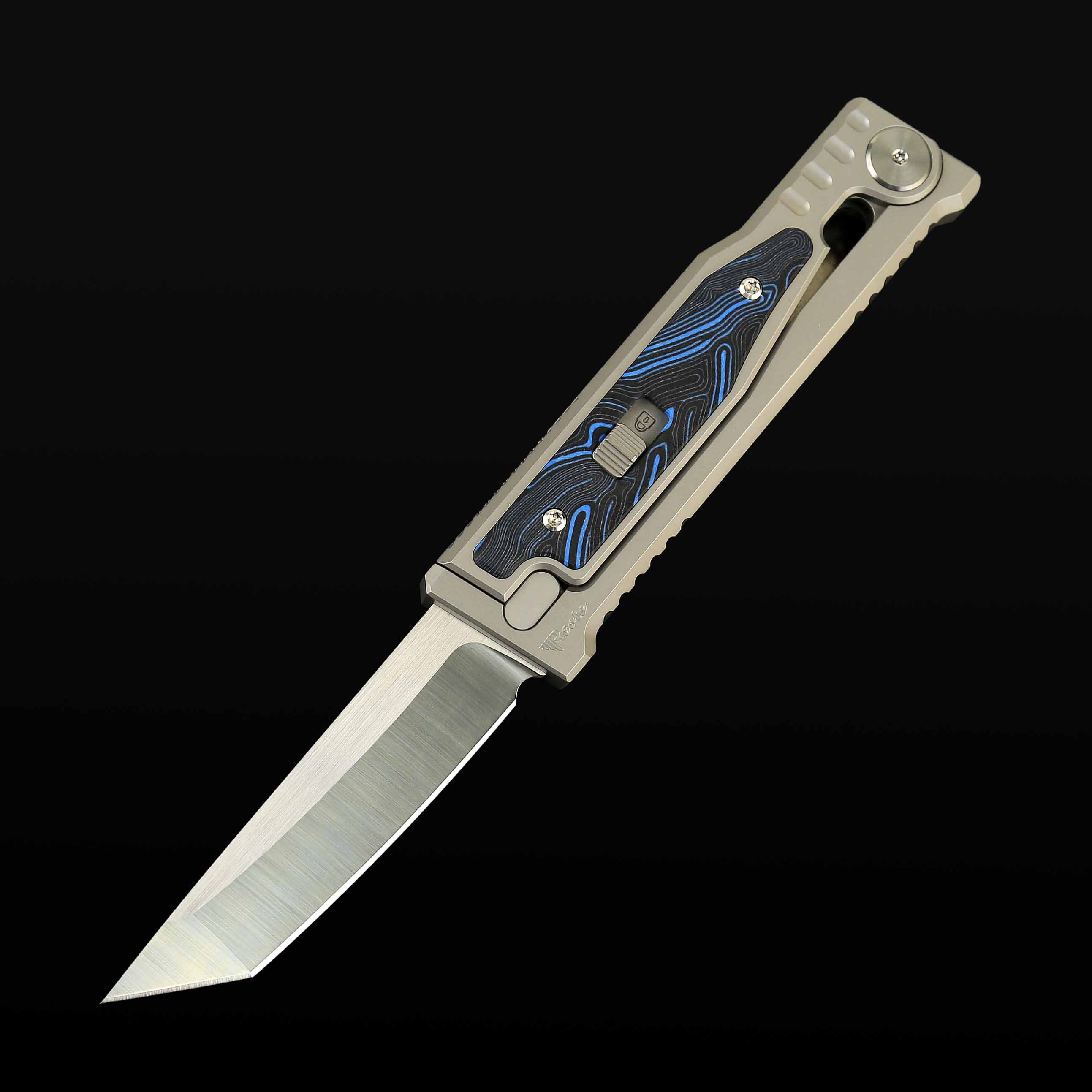 EXO-M Titanium bead blast handle G10 Damascus pattern-- Blue/Black inlay - All satin-Tanto