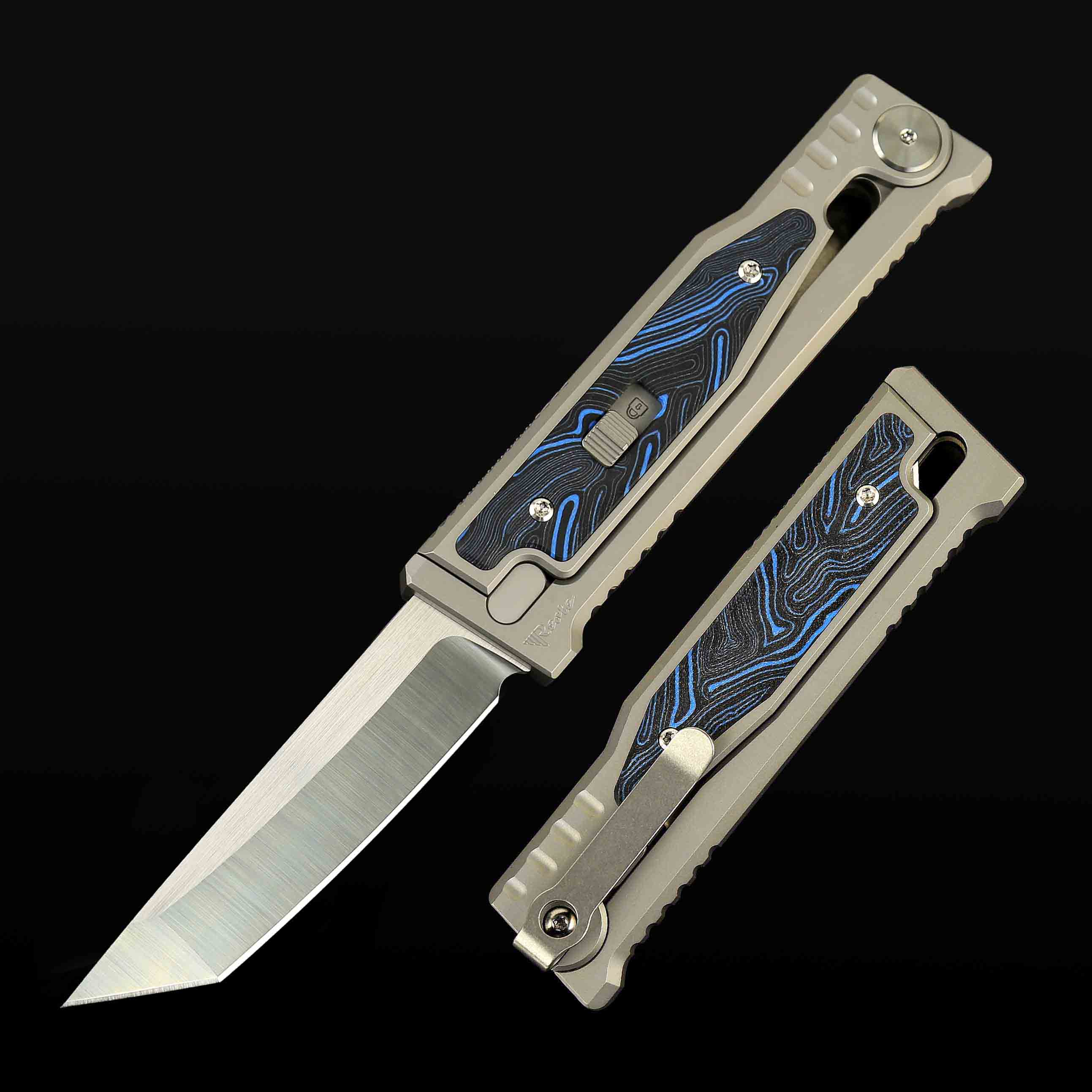 EXO-M Titanium bead blast handle G10 Damascus pattern-- Blue/Black inlay - All satin-Tanto