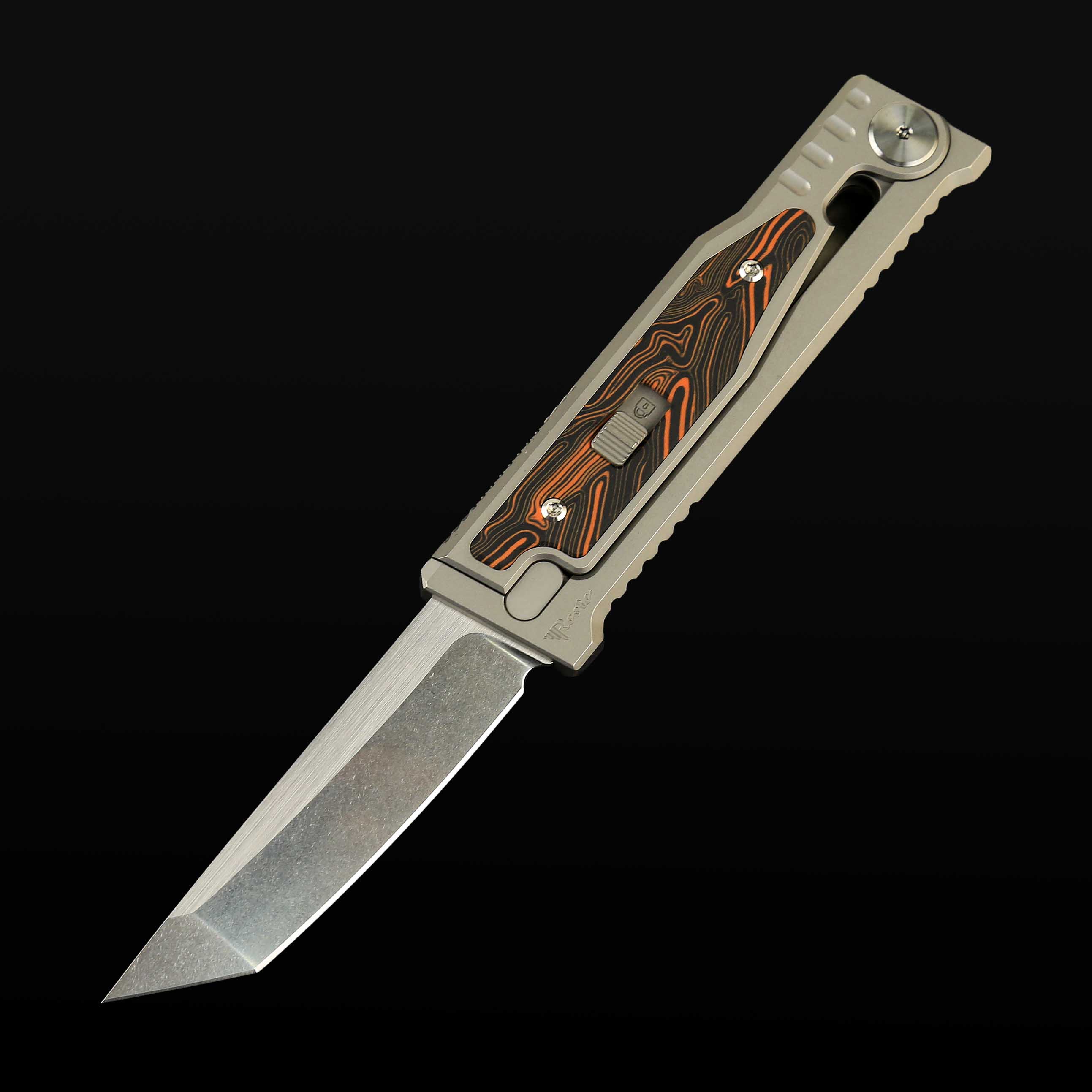 EXO-M Titanium bead blast handle G10 Damascus pattern-- Orange/Black inlay - Stonewashed with satin flat- Tanto