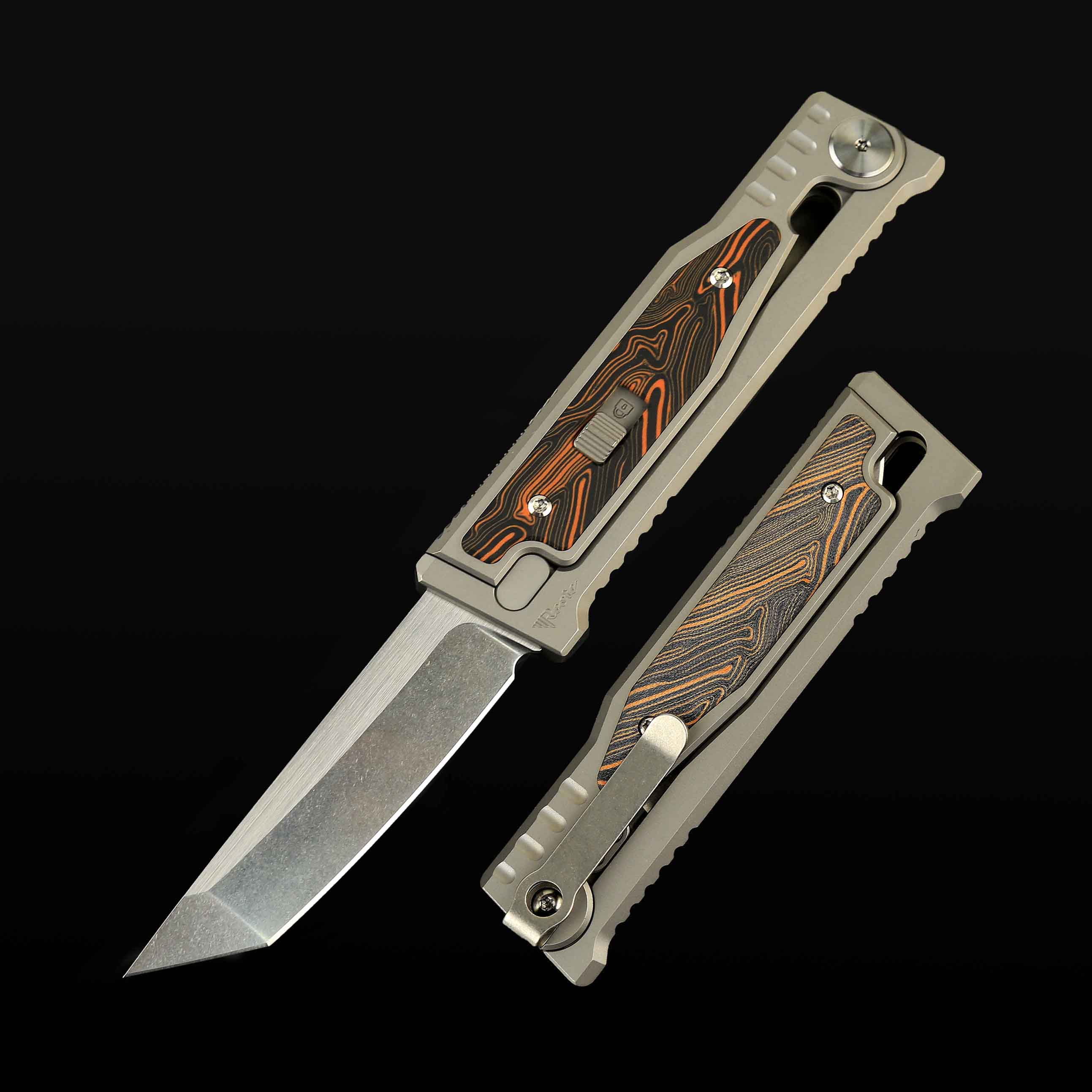 EXO-M Titanium bead blast handle G10 Damascus pattern-- Orange/Black inlay - Stonewashed with satin flat- Tanto