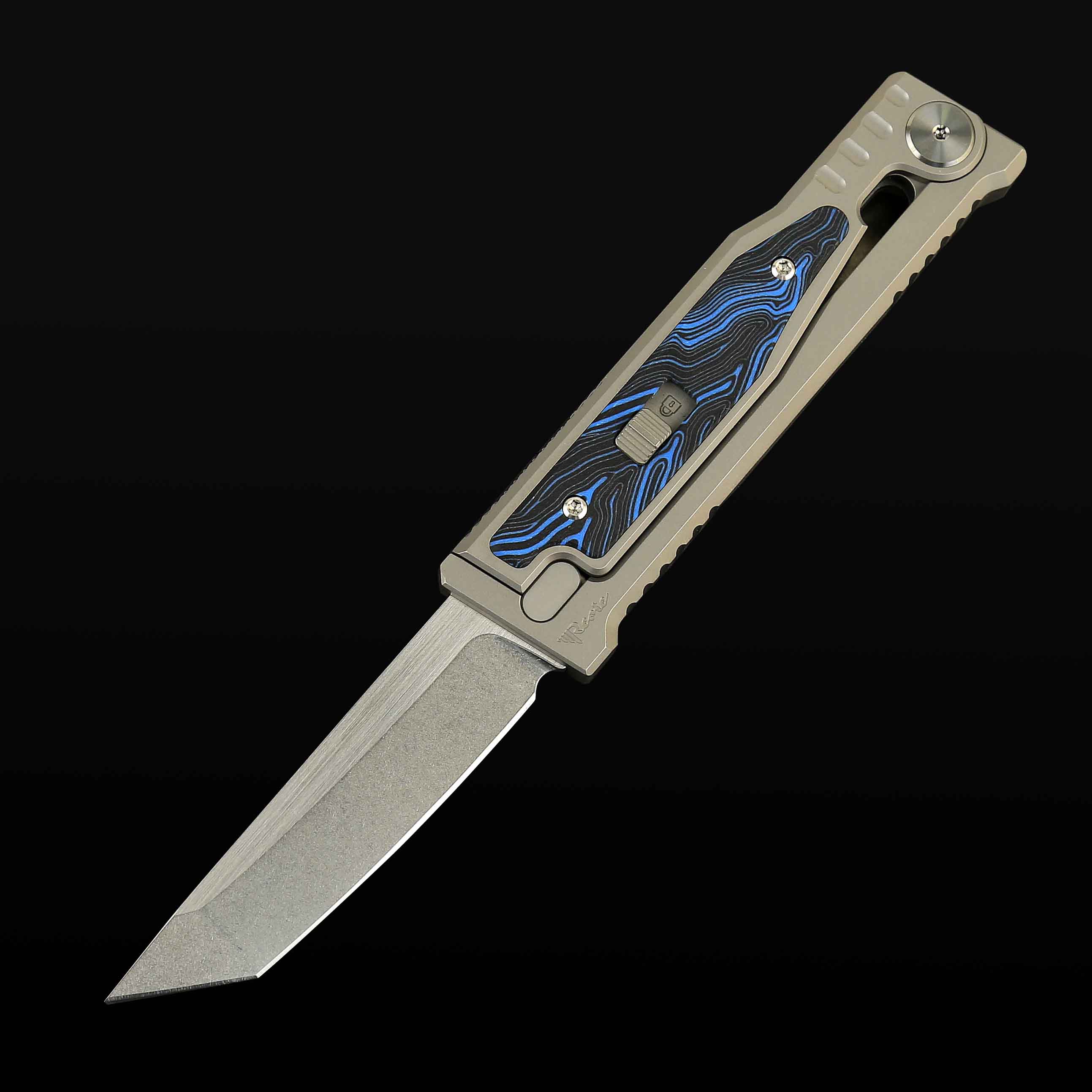 EXO-M Titanium bead blast handle G10 Damascus pattern-- Blue/Black inlay - Stonewashed with satin flat- Tanto