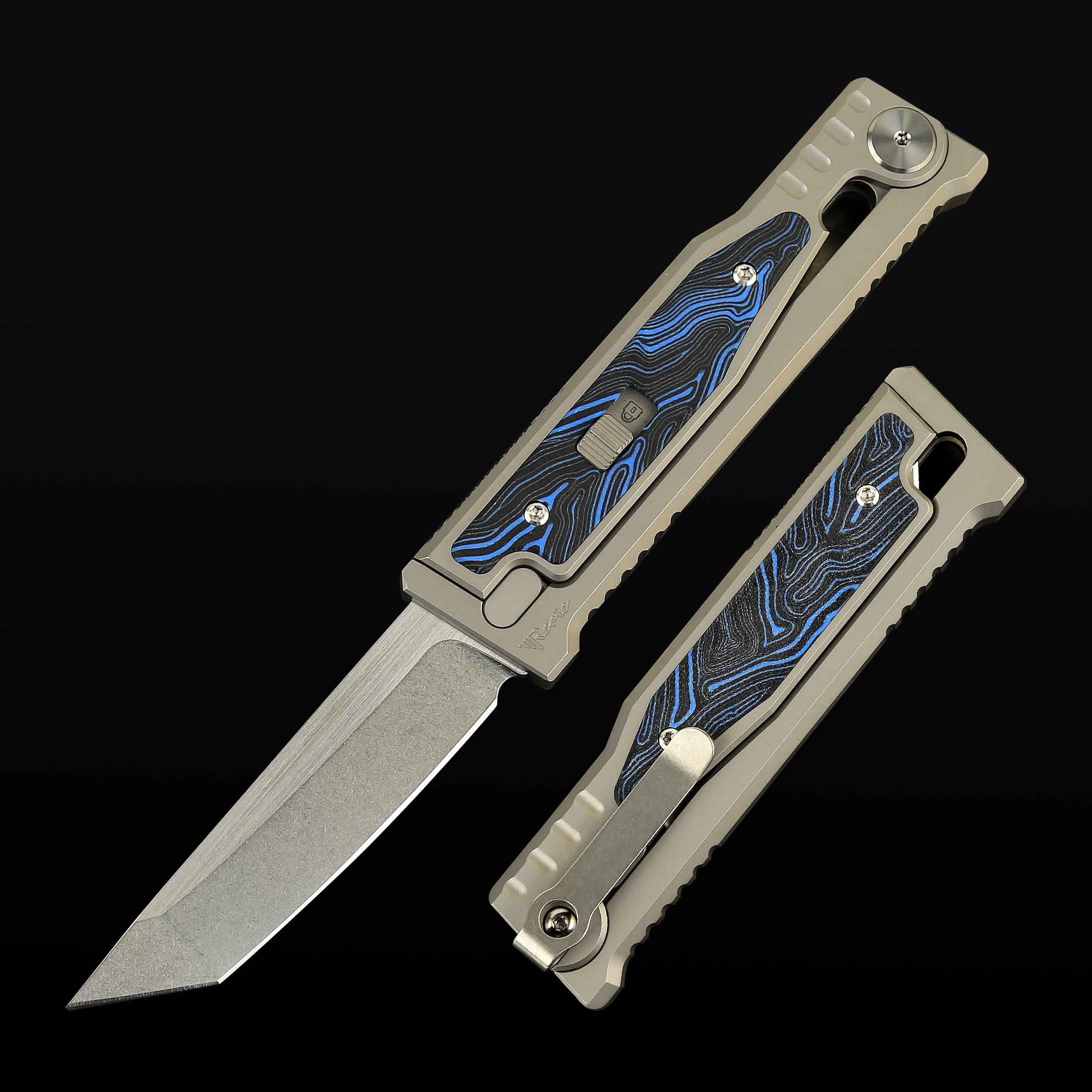 EXO-M Titanium bead blast handle G10 Damascus pattern-- Blue/Black inlay - Stonewashed with satin flat- Tanto
