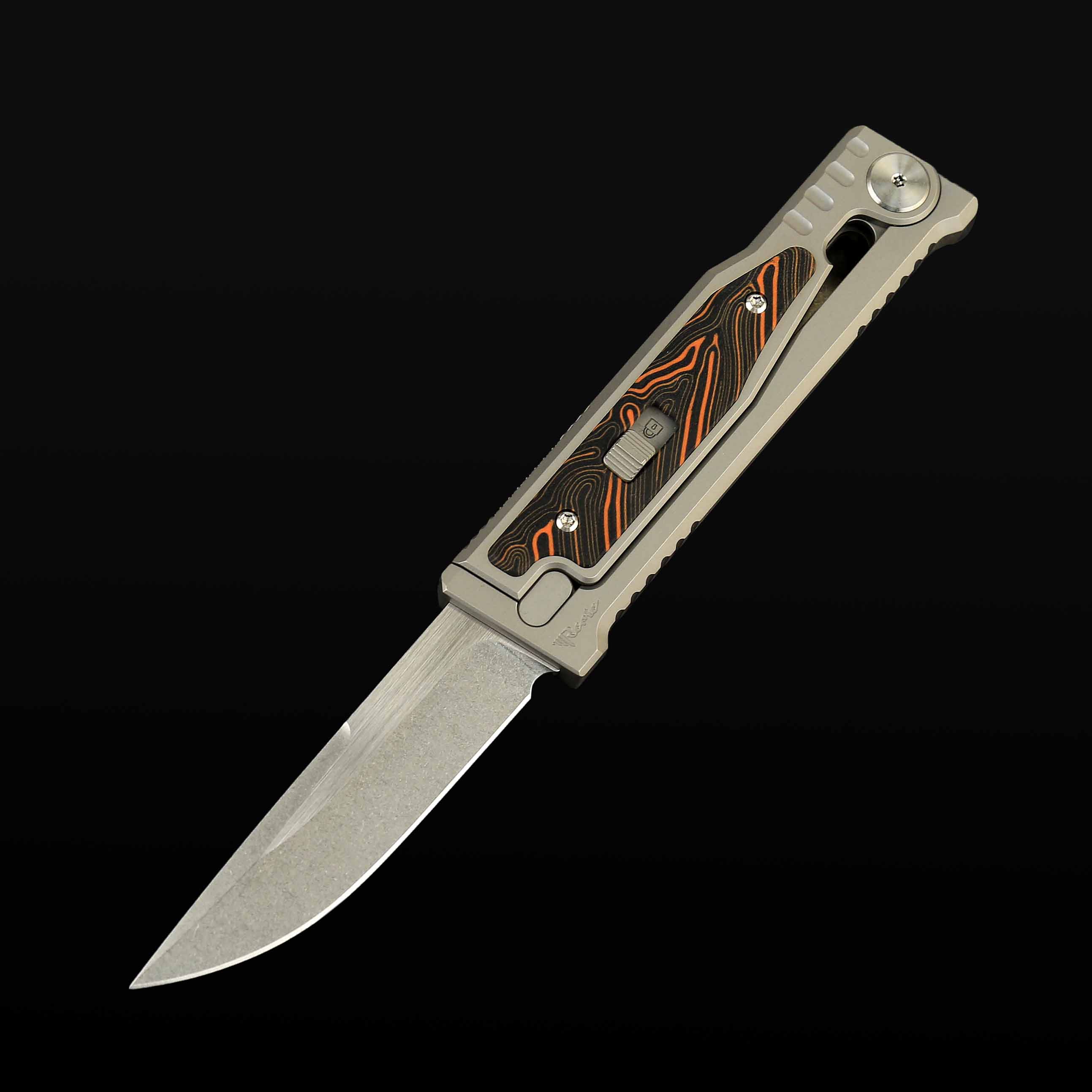 EXO-M Titanium bead blast handle G10 Damascus pattern-- Orange/Black inlay - Stonewashed with satin flat-Drop point