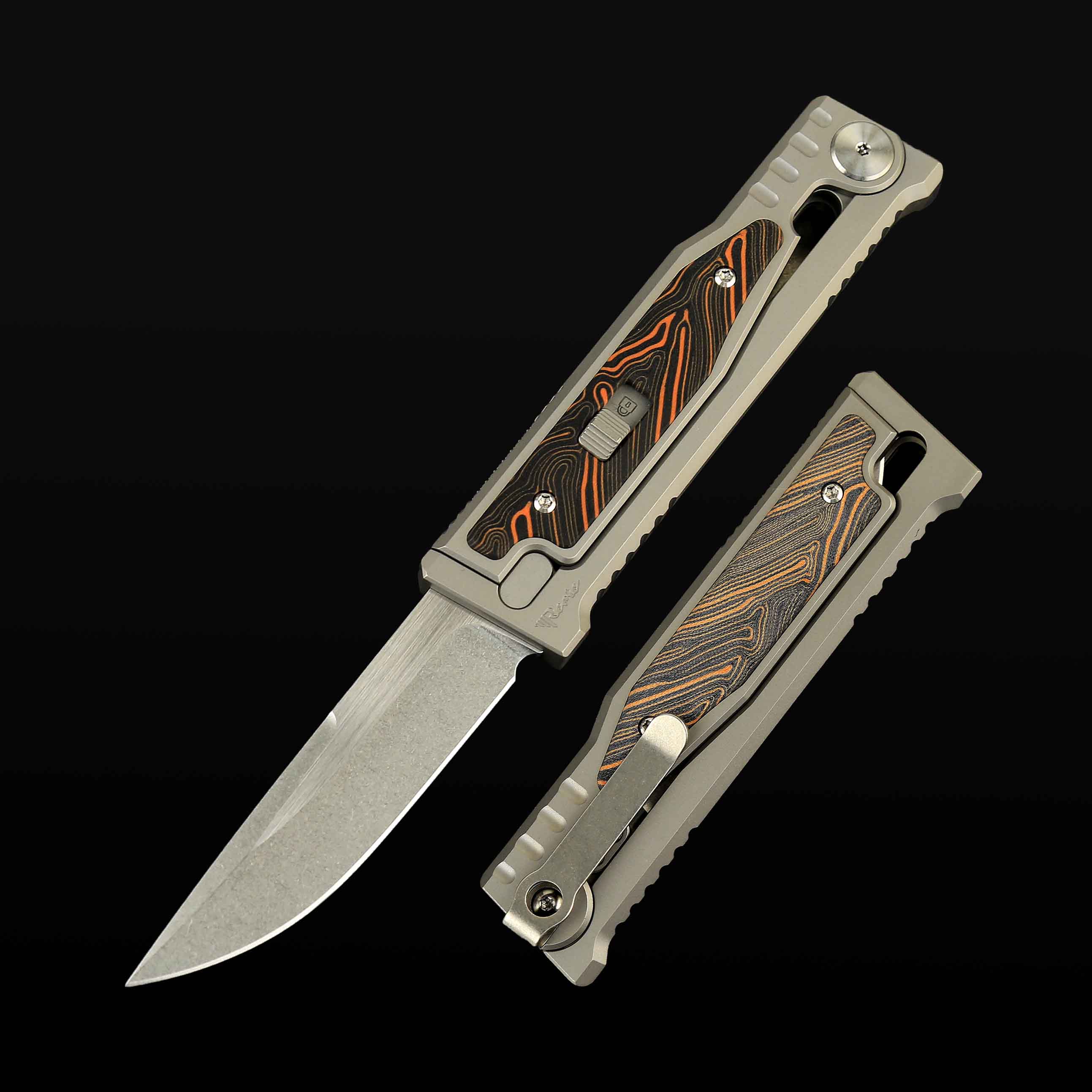 EXO-M Titanium bead blast handle G10 Damascus pattern-- Orange/Black inlay - Stonewashed with satin flat-Drop point