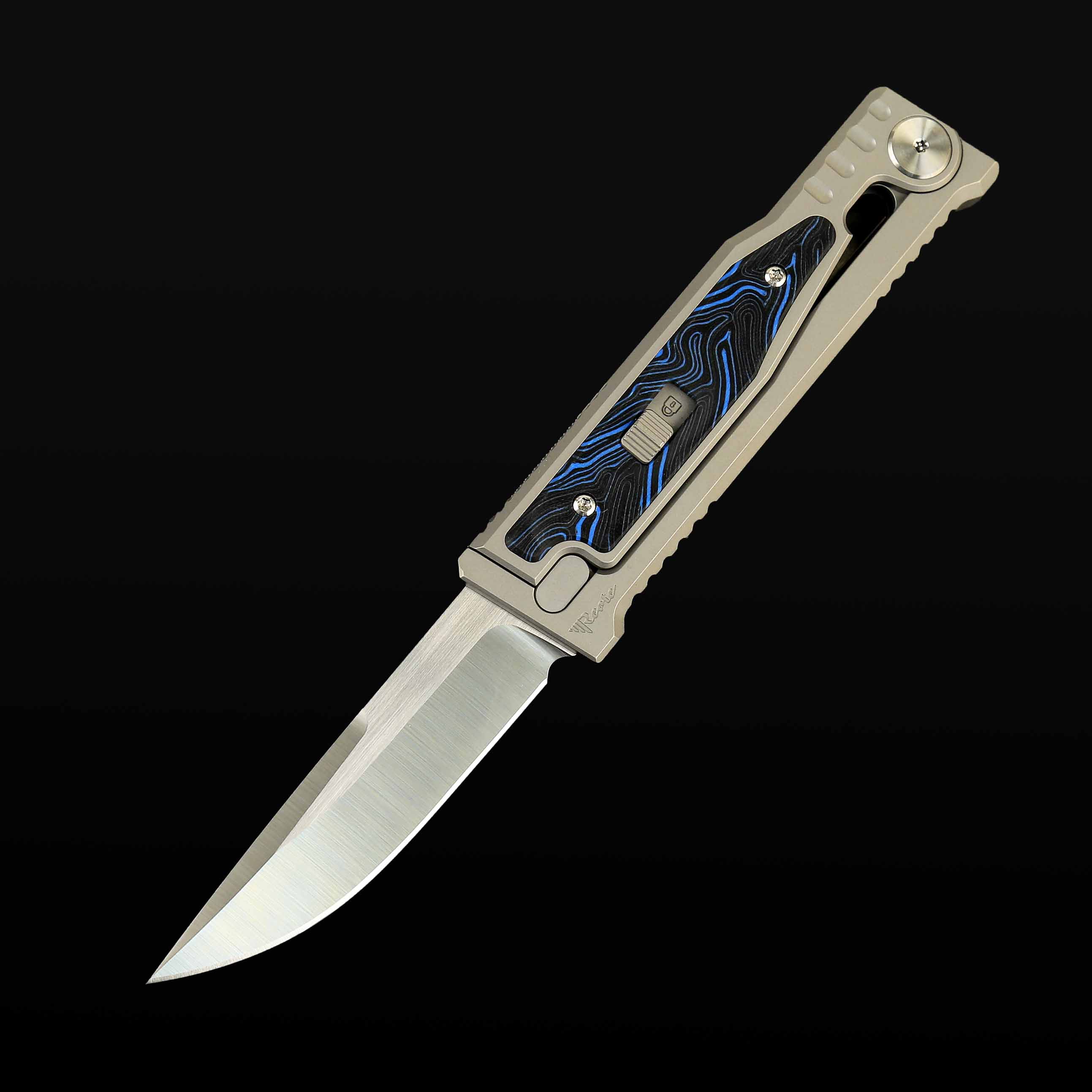 EXO-M Titanium bead blast handle G10 Damascus pattern-- Blue/Black inlay - All satin- Drop point