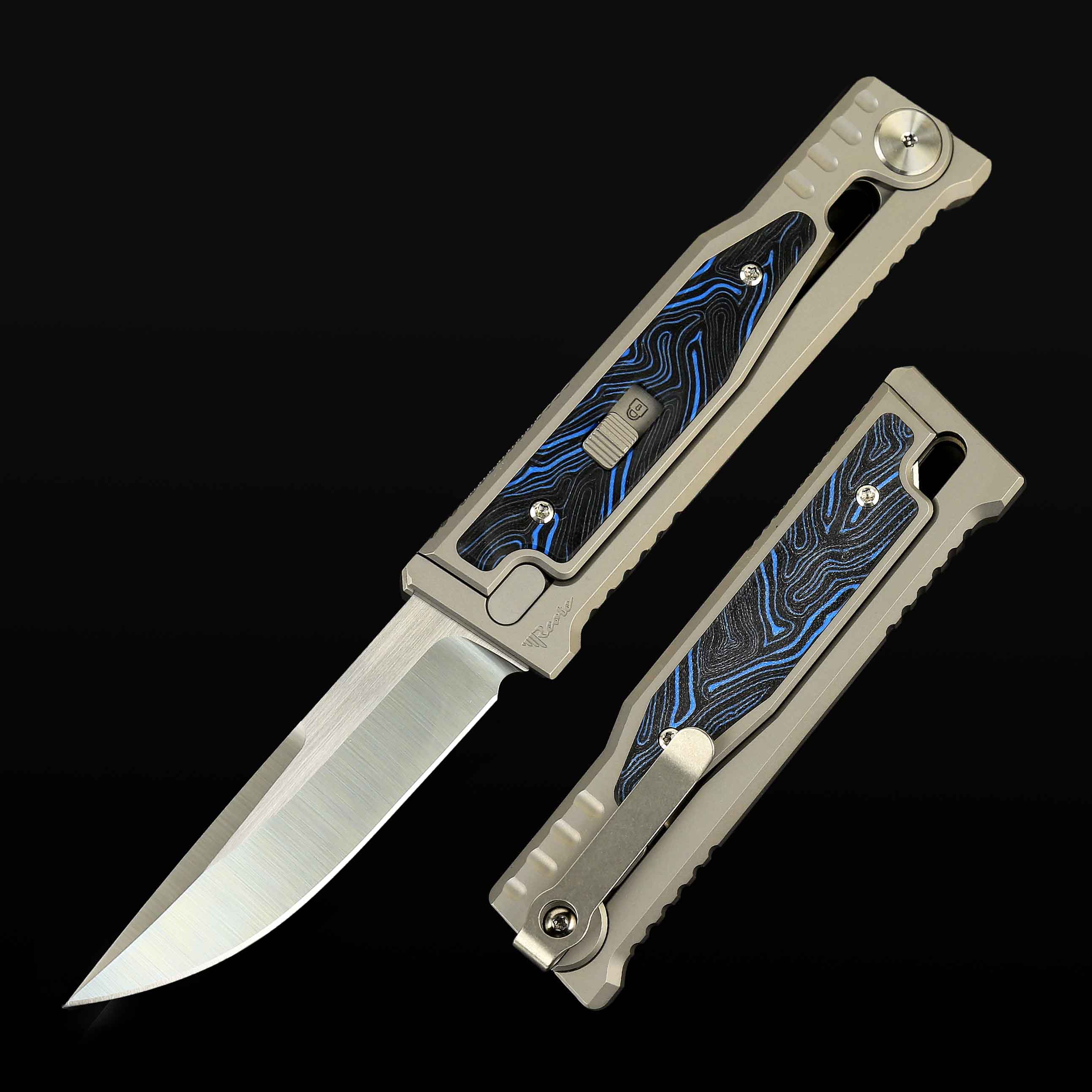 EXO-M Titanium bead blast handle G10 Damascus pattern-- Blue/Black inlay - All satin- Drop point