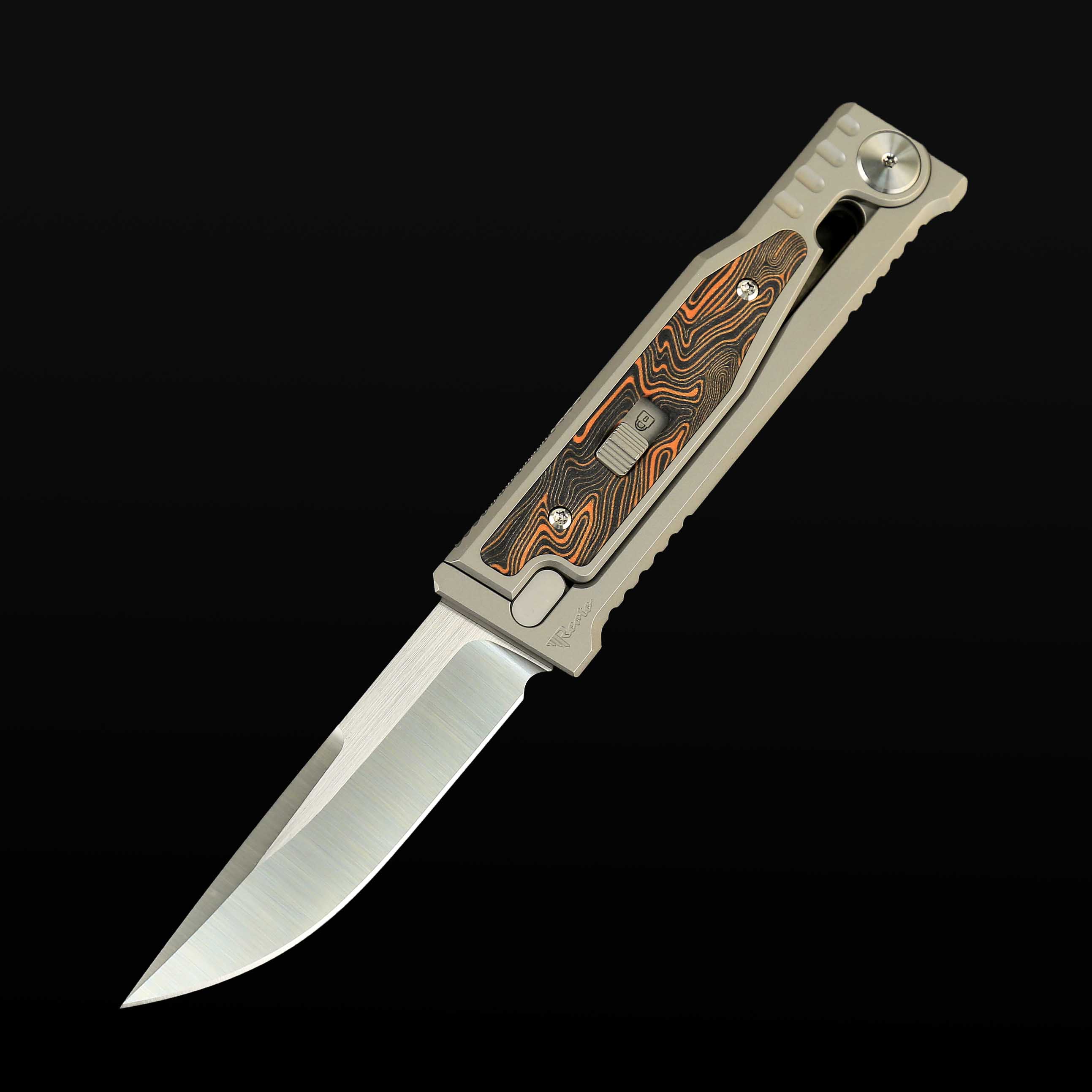 EXO-M Titanium bead blast handle G10 Damascus pattern Orange/Black inlay - All satin- Drop point