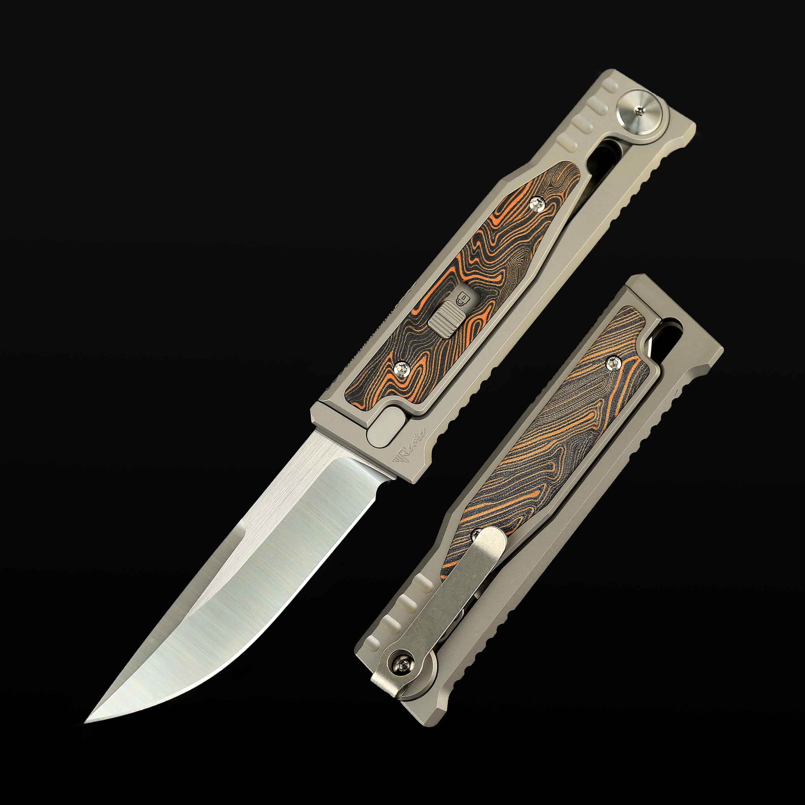 EXO-M Titanium bead blast handle G10 Damascus pattern Orange/Black inlay - All satin- Drop point