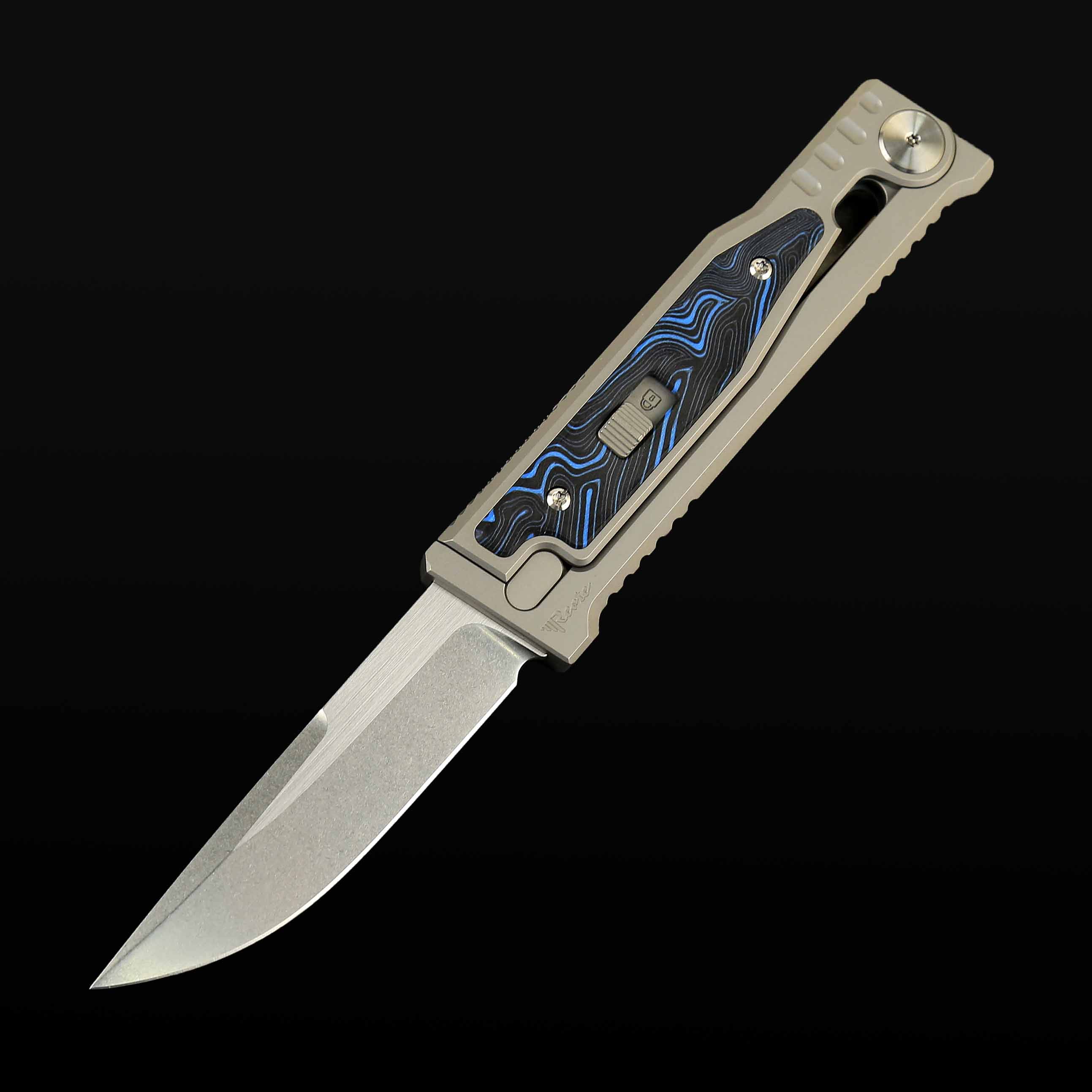 EXO-M Titanium bead blast handle G10 Damascus pattern Blue/Black inlay - Stonewashed with satin flat-Drop point
