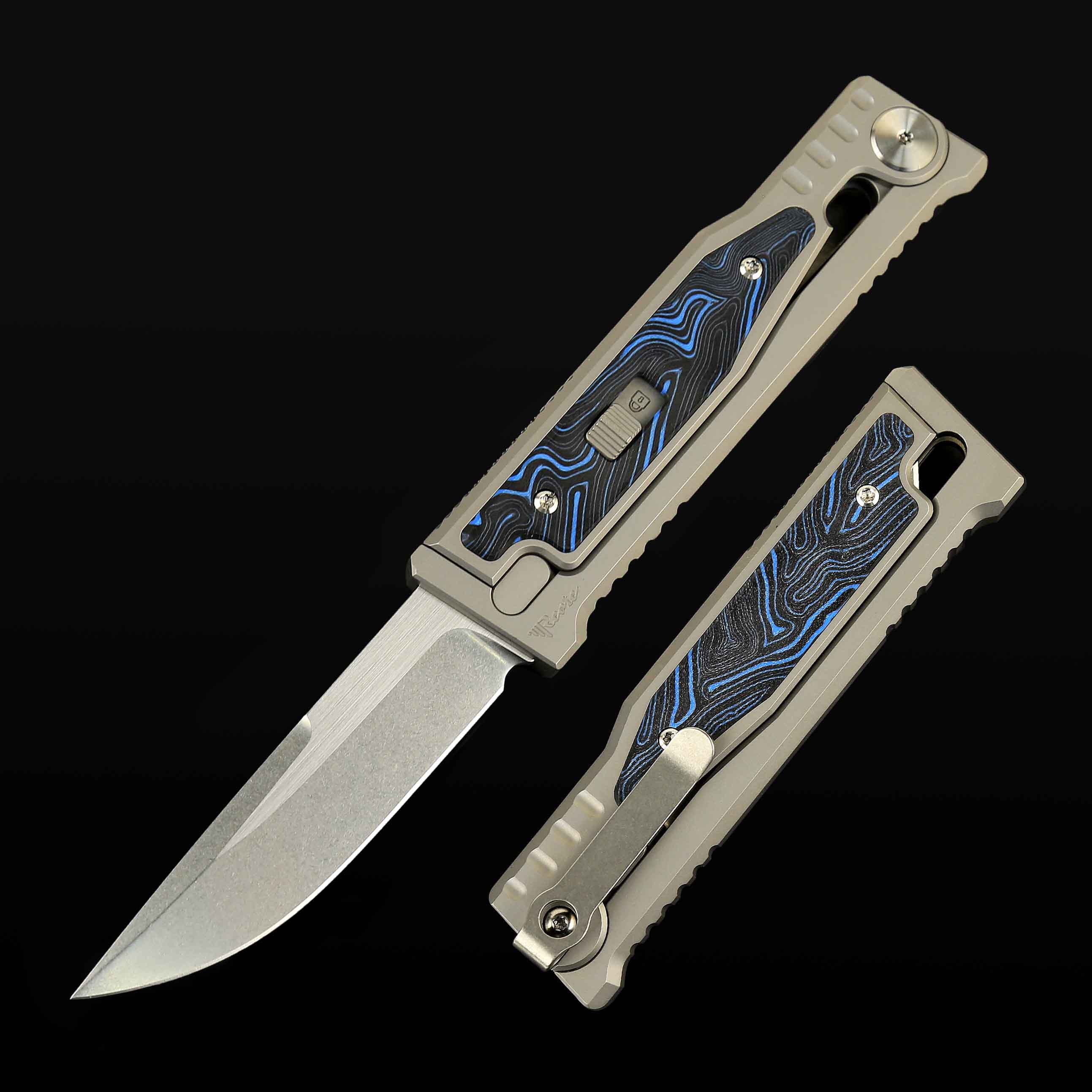 EXO-M Titanium bead blast handle G10 Damascus pattern Blue/Black inlay - Stonewashed with satin flat-Drop point