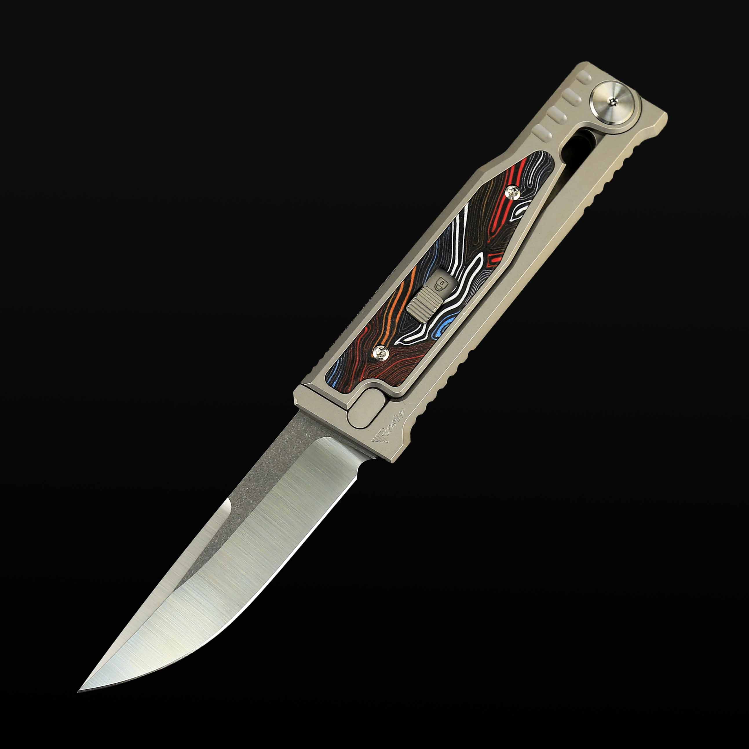 EXO-M Titanium bead blast handle G10 Damascus pattern multi color inlay - Satin finish- Drop point