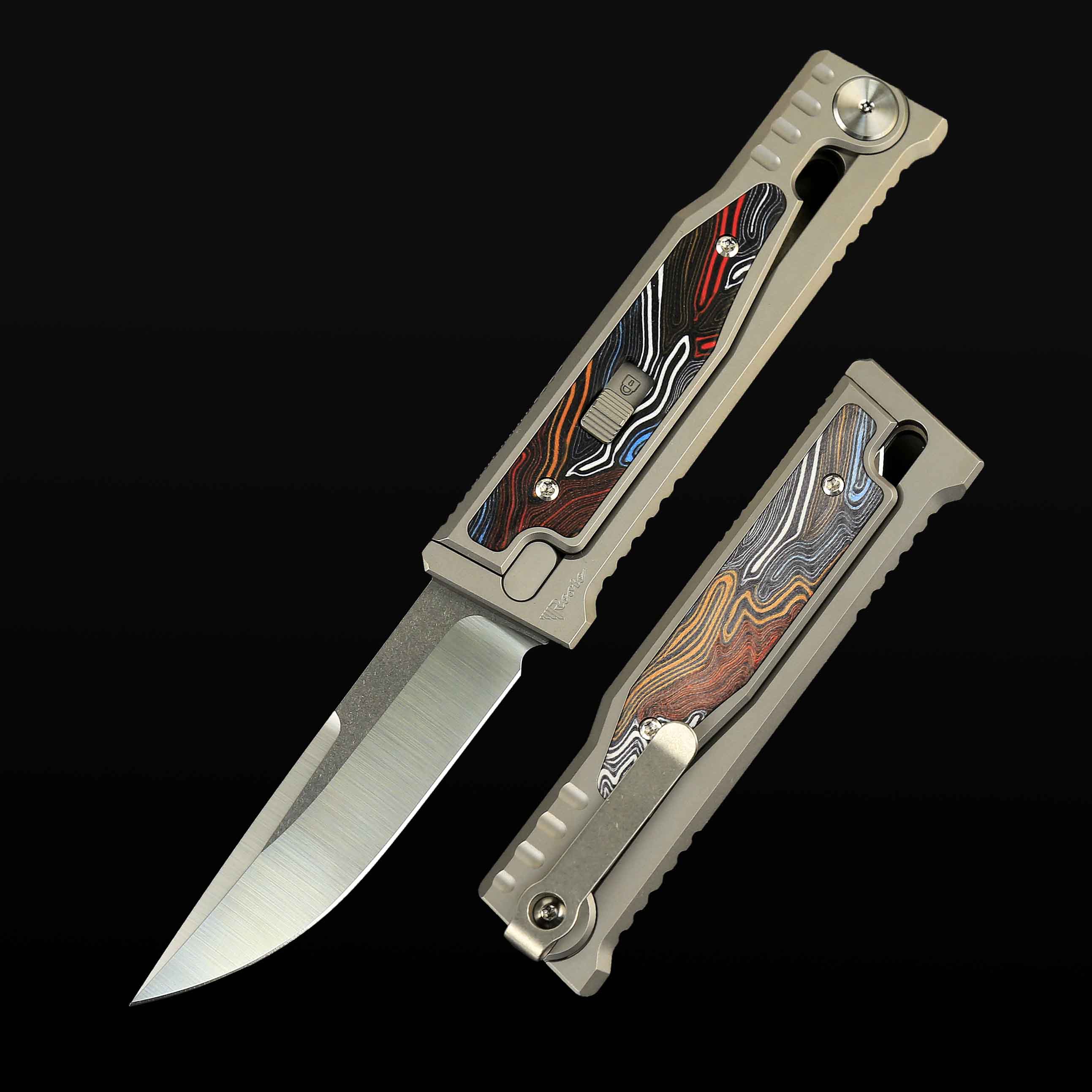EXO-M Titanium bead blast handle G10 Damascus pattern multi color inlay - Satin finish- Drop point