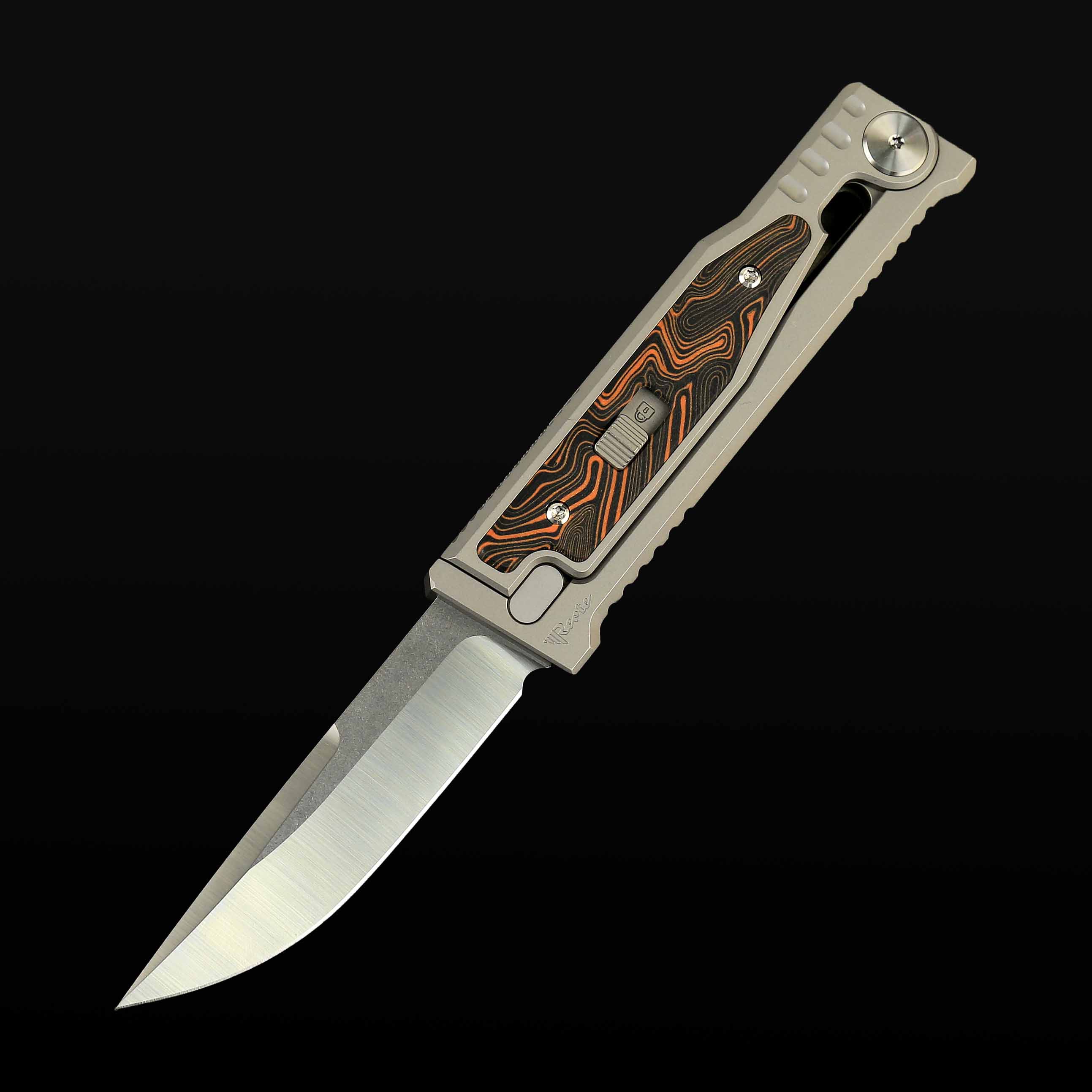 EXO-M Titanium bead blast handle G10 Damascus patternOrange/Black inlay - Satin finish- Drop point
