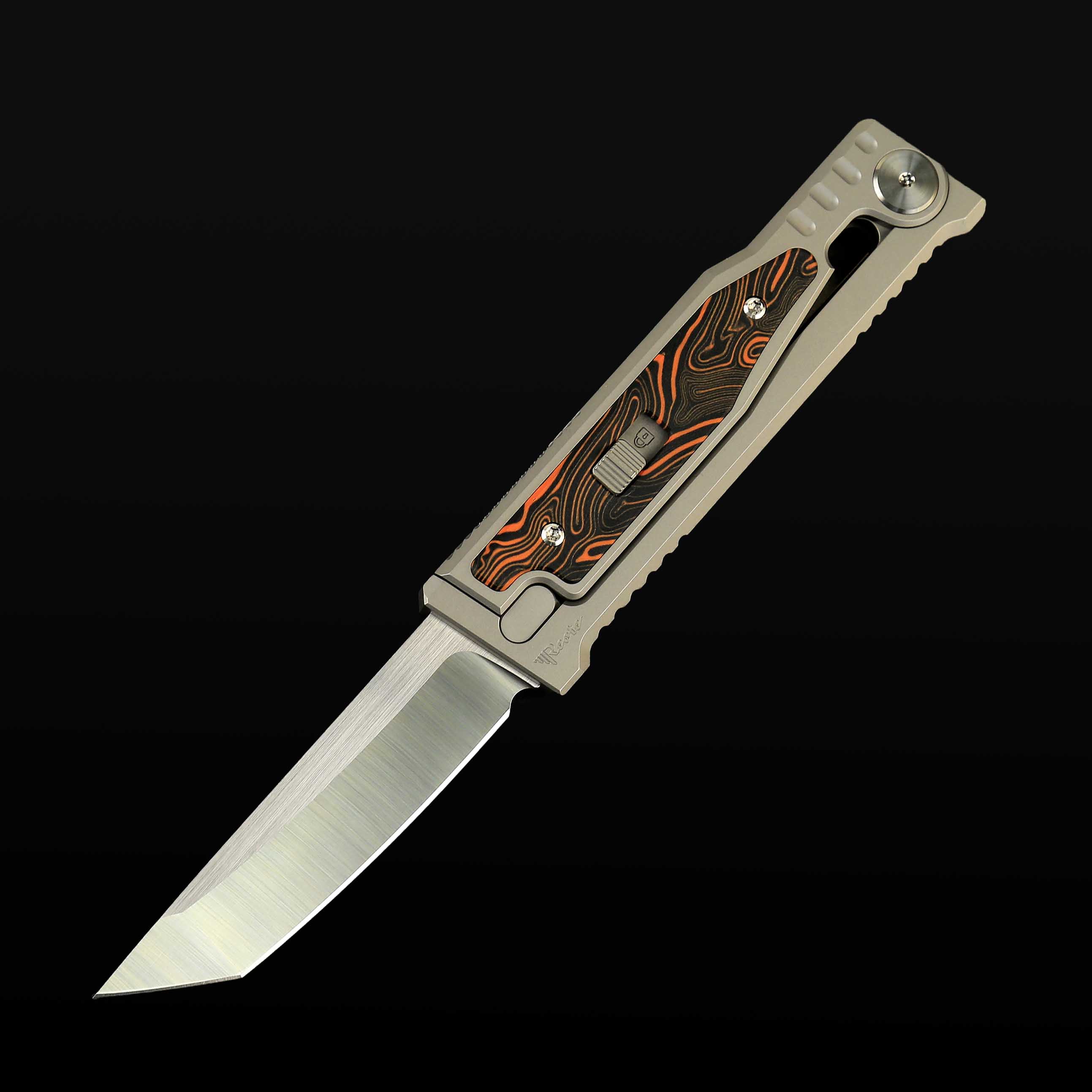 EXO-M Titanium bead blast handle G10 Damascus patternOrange/Black inlay - All satin-Tanto