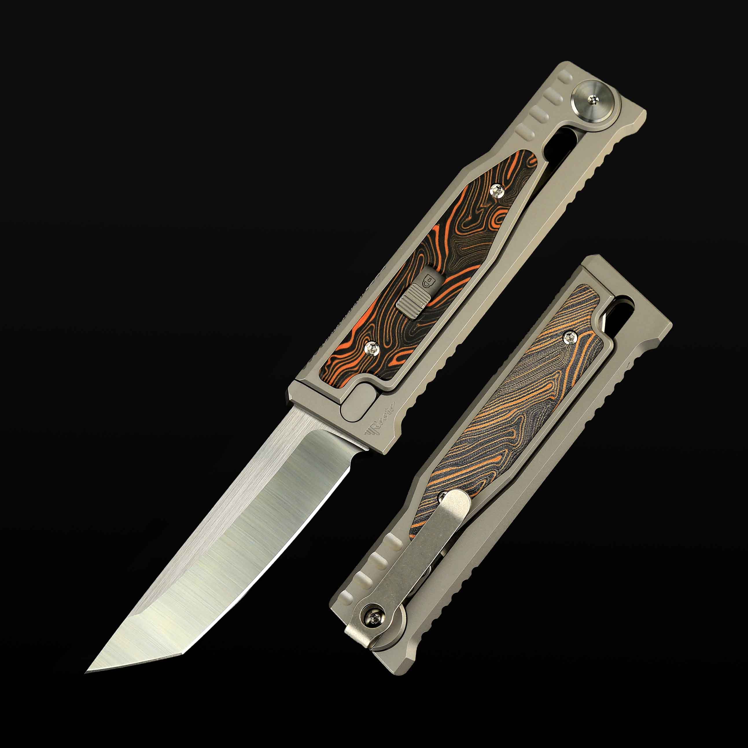 EXO-M Titanium bead blast handle G10 Damascus patternOrange/Black inlay - All satin-Tanto