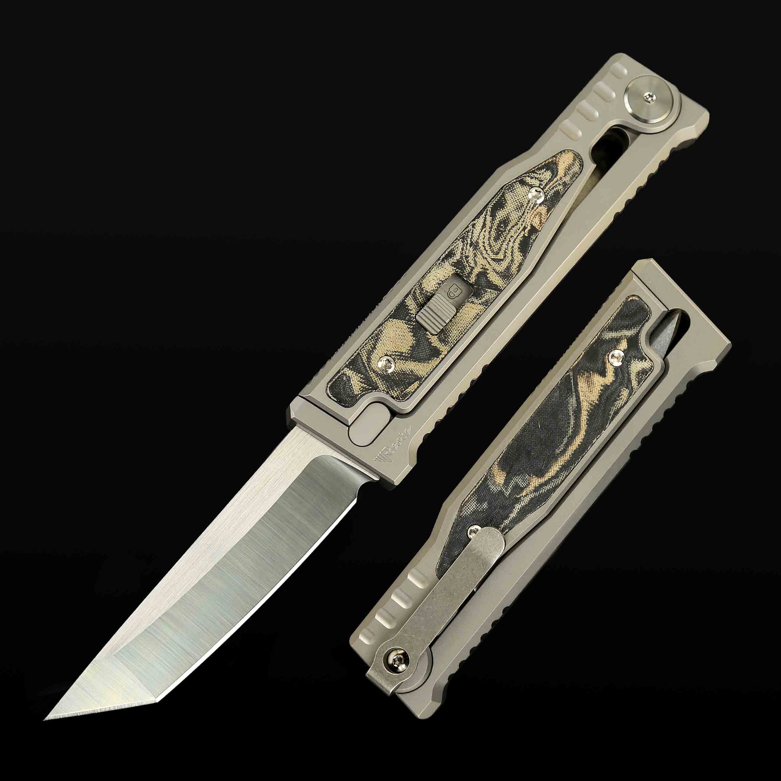 EXO-M Titanium bead blast handle Burl linen micarta inlay - Satin finish-Tanto