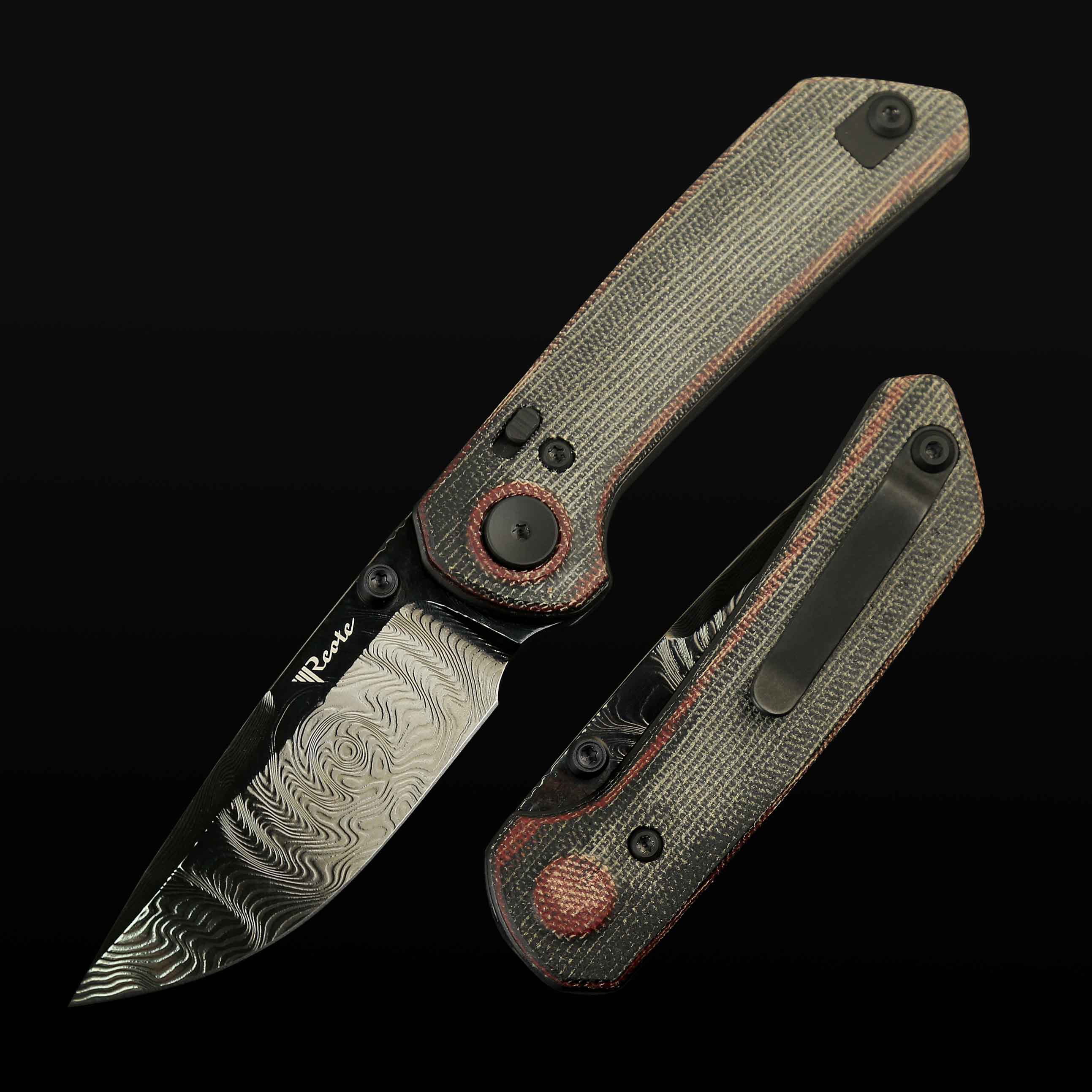 PL-XT Red- black micarta inlay with Damascus blade